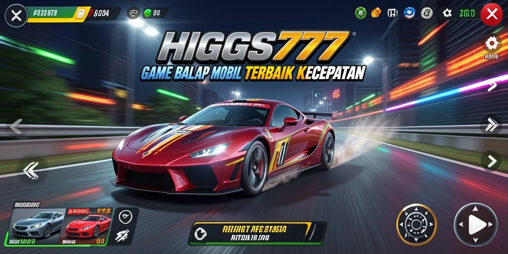 Gameplay HIGGS777 menampilkan balapan mobil yang seru dan mendebarkan.
