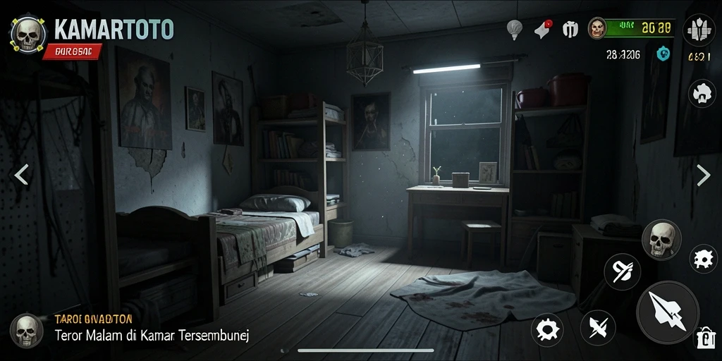 Tampilan gameplay menegangkan dari KAMARTOTO dengan hantu-hantu menyeramkan.