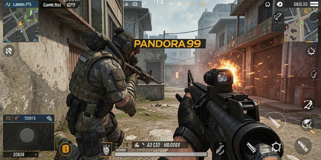 Screenshot menampilkan aksi seru dari gameplay PANDORA99 dalam mode FPS.