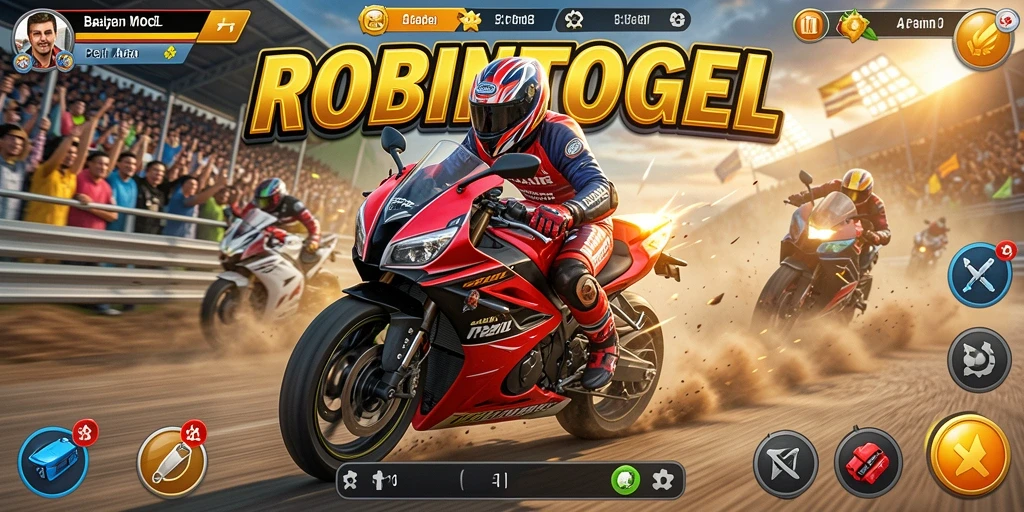 Gameplay seru dan menegangkan dalam balapan motor ROBINTOGEL.